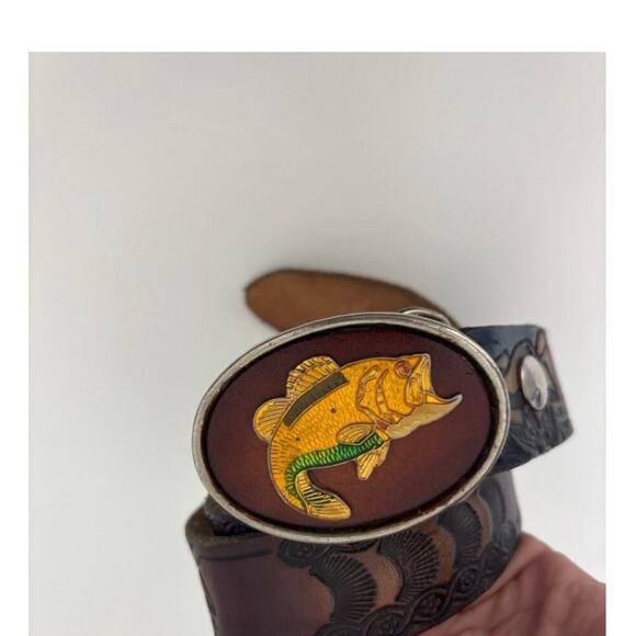 Fish Belt Buckle Tooled Leather River Detail 38" - Picture 1 of 5